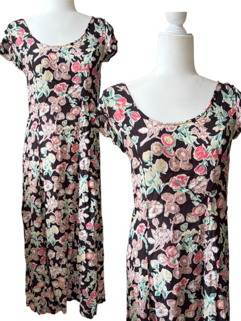 Vintage Karavan Floral Short Sleeve Midi Dress Medium Relaxed Fit Dark